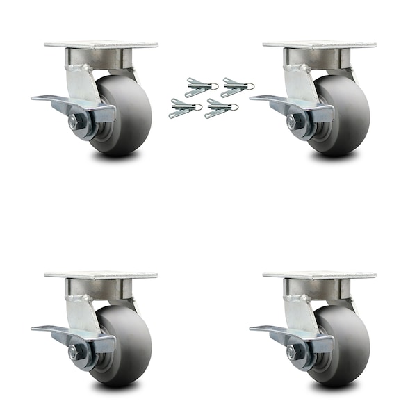 4 Inch Kingpinless Thermoplastic Wheel Caster Set with Brake and Swivel Lock SCC